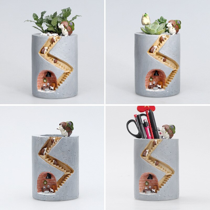 Artistic Resin Flower Pots with Rabbit and Hedgehog Designs