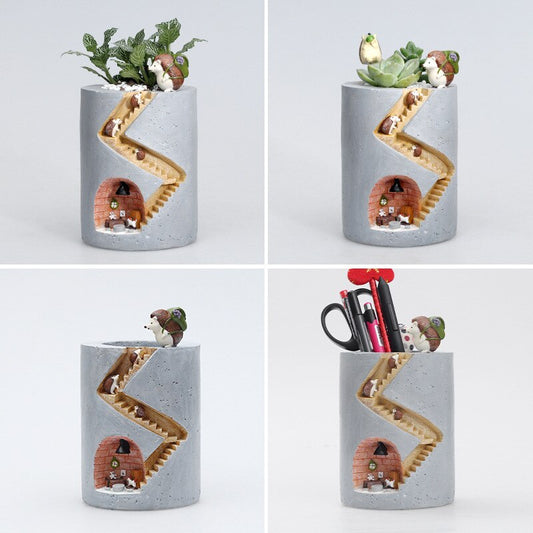 Artistic Resin Flower Pots with Rabbit and Hedgehog Designs