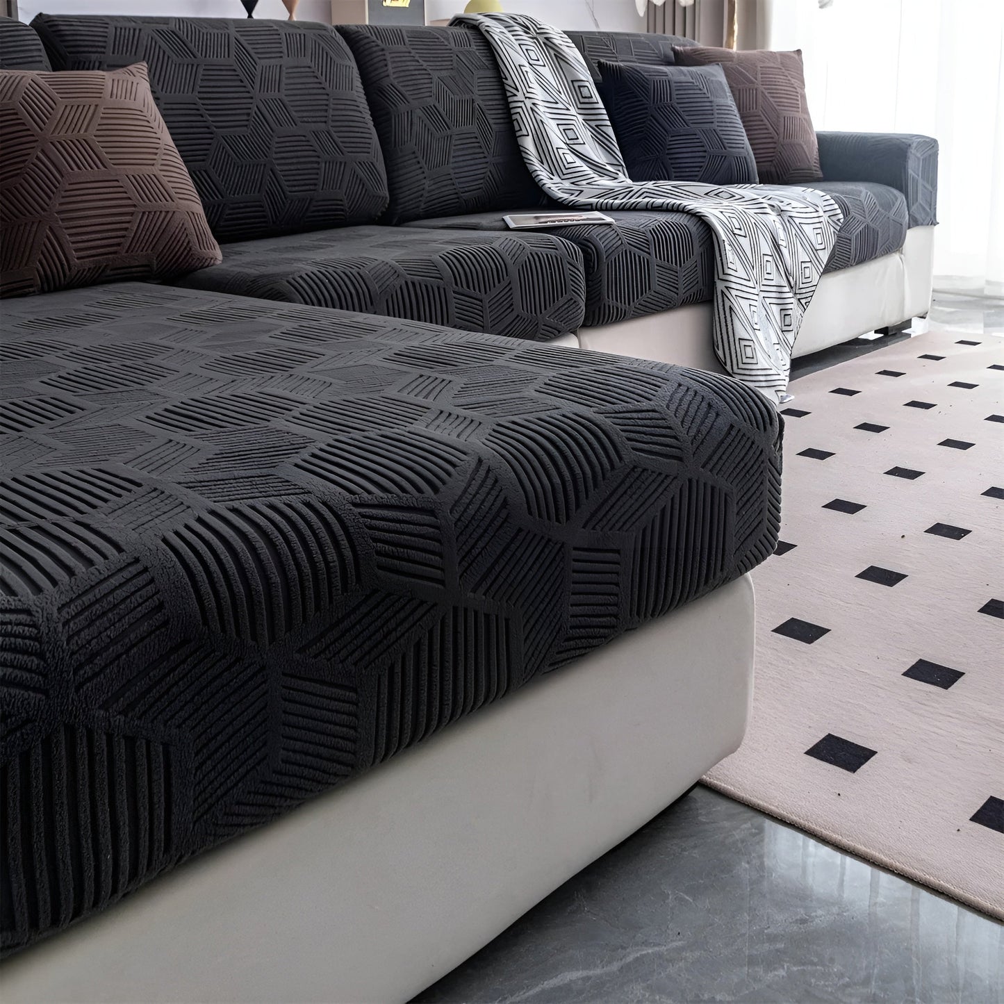 Geometric Jacquard Sofa Cover - Soft, Pet-Friendly, 360° Protection