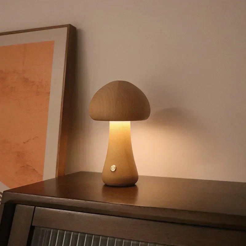 Mushroom-Shaped Wooden Touch-Control LED Lamp