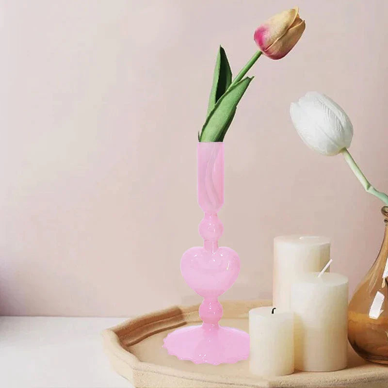 Red Heart-Shaped Vintage Glass Candle Holder