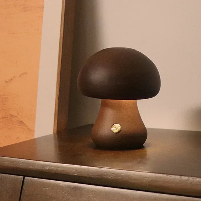 Mushroom-Shaped Wooden Touch-Control LED Lamp