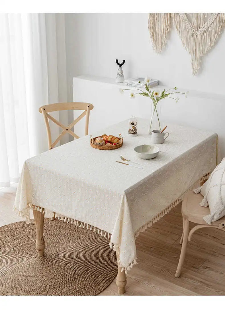 Embroidered Daisy Cotton Tablecloth with Fringes