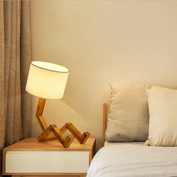 Wooden Robot Table Lamp with LED Light and Fabric Shade