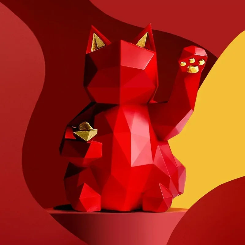 Geometric Lucky Cat Statue in Red and White Resin
