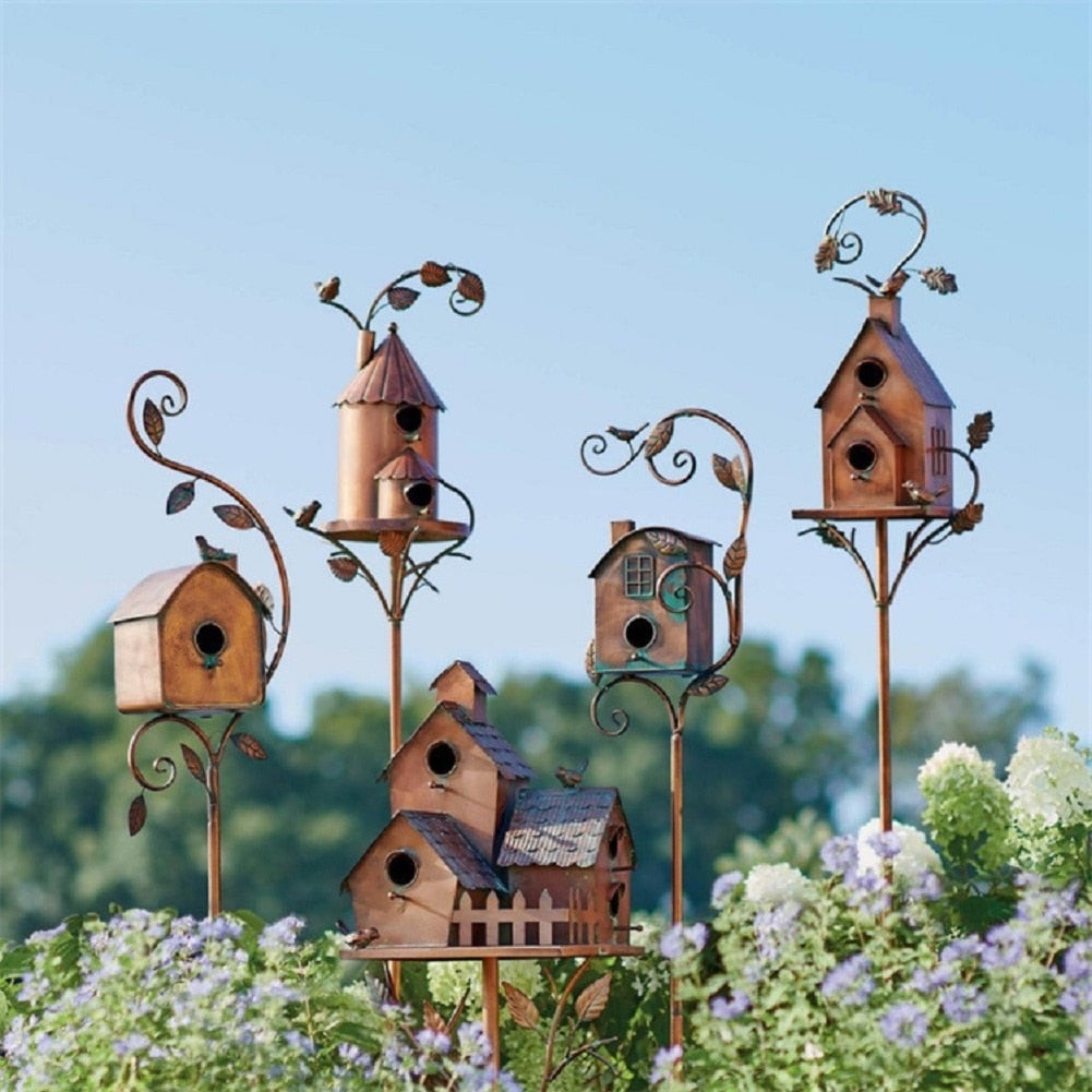 Metal Art Birdhouse Garden Stake for Outdoor Decor