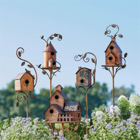 Metal Art Birdhouse Garden Stake for Outdoor Decor