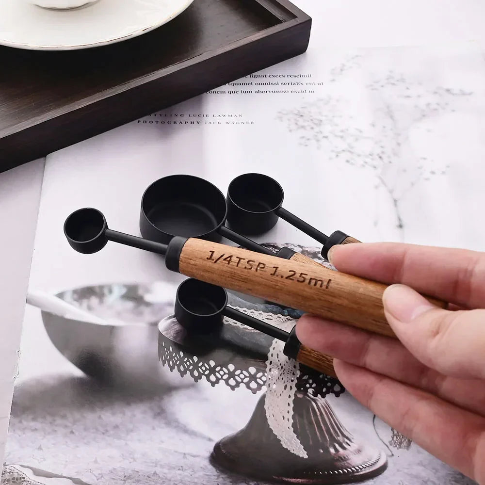 Stainless Steel Measuring Cups and Spoons Set with Wooden Handles