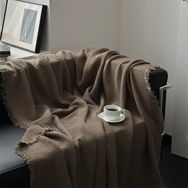 Solid Color Cotton Sofa Blanket with Fringed Edges