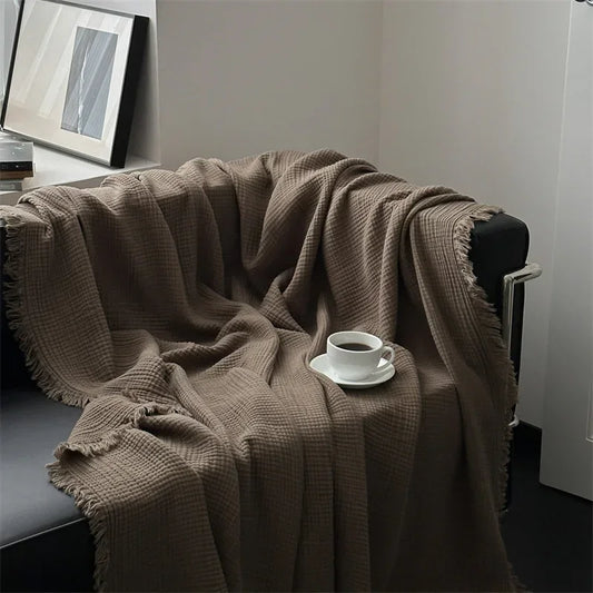 Solid Color Cotton Sofa Blanket with Fringed Edges