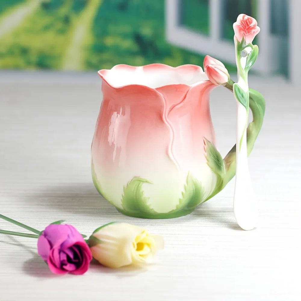 Ceramic 3D Rose Flower Coffee Mug with Spoon