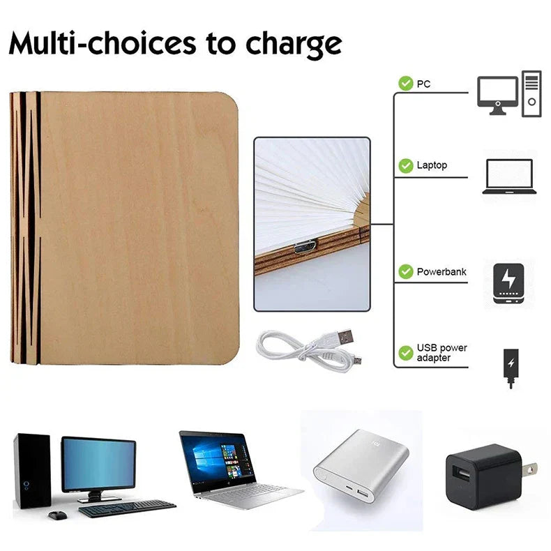 3D Folding Wooden LED Book Light with 7-Color Options