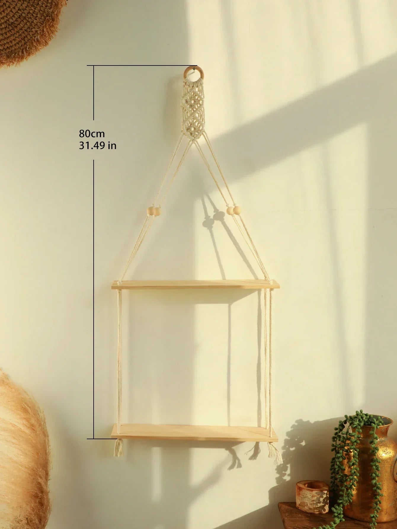 Wooden Macrame Floating Wall Shelf - Boho Rustic Home Decor