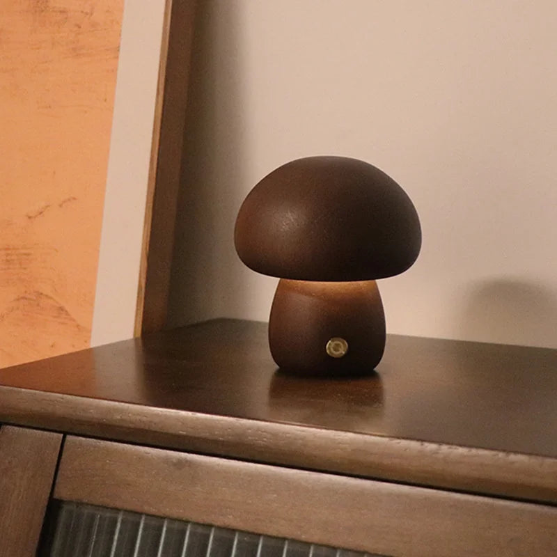 Mushroom-Shaped Wooden Touch-Control LED Lamp