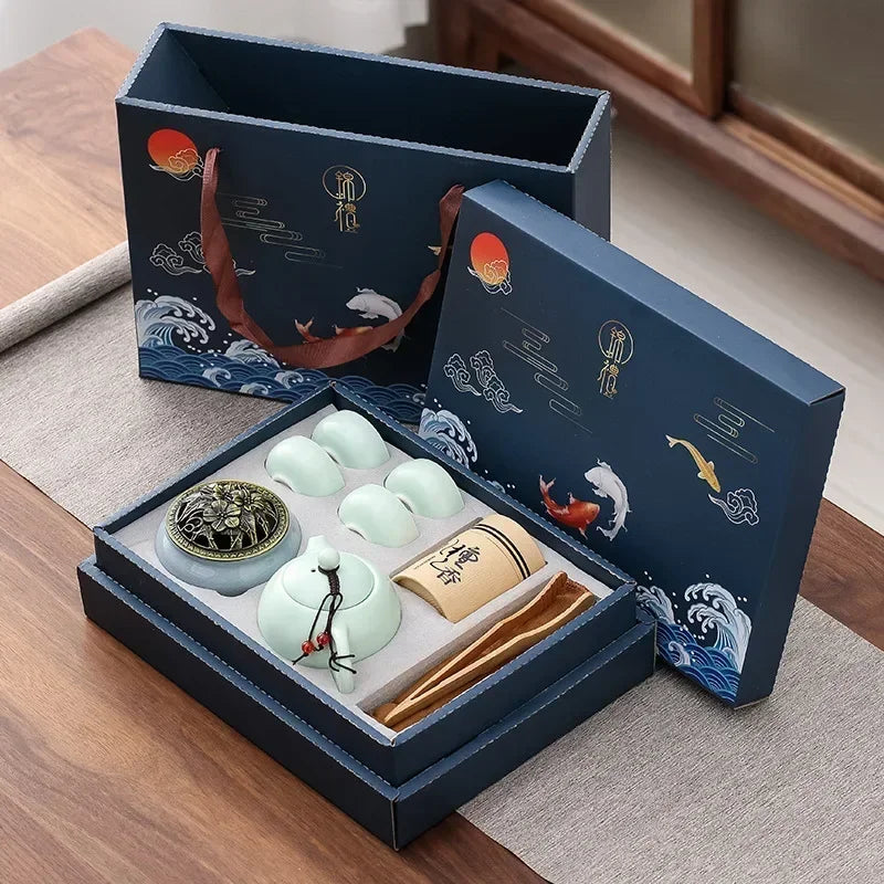 Traditional Ceramic Tea Set with Teapot, Cups, and Incense Holder