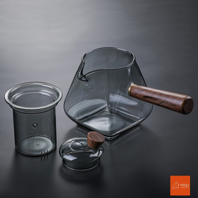 Japanese Glass Teapot with Wooden Handle, 700ml Heat-Resistant Tea Maker