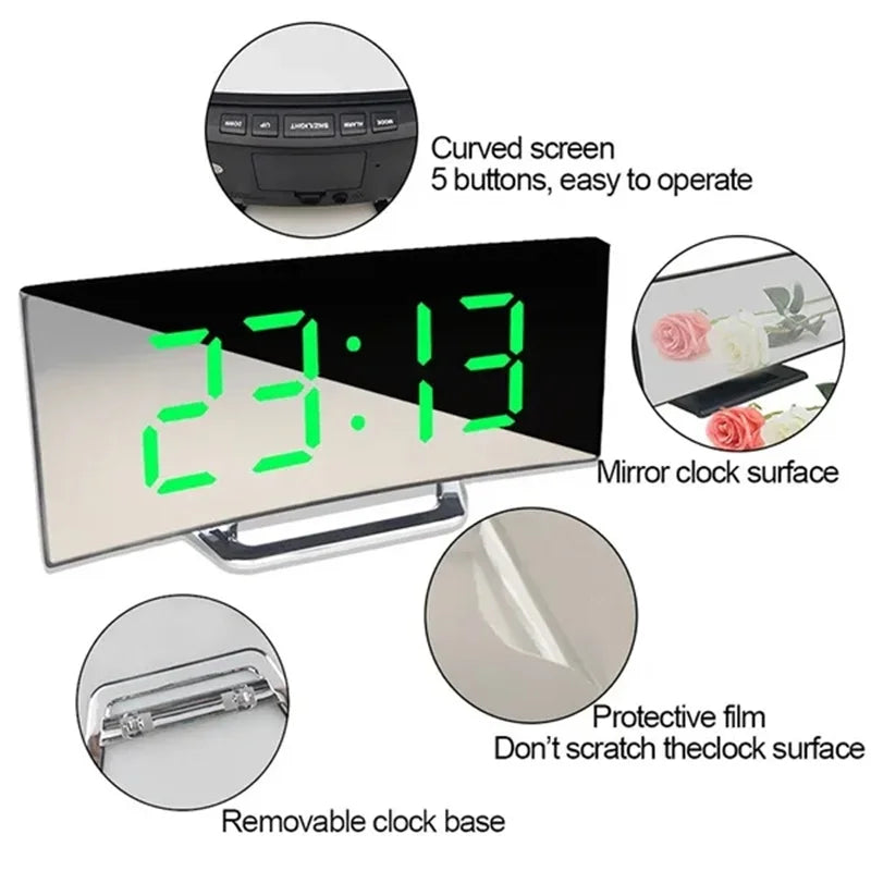 Curved LED Digital Alarm Clock with USB Charging and Snooze Function