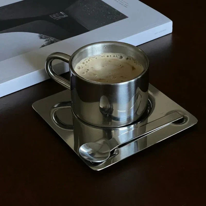 Stainless Steel Coffee Cup with Tray and Spoon