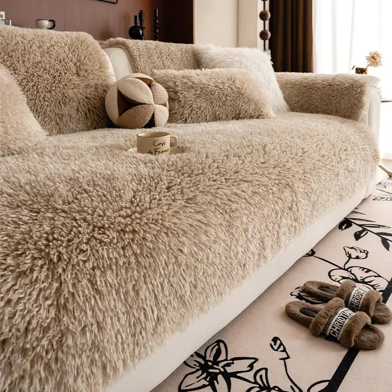 Stretchable Faux Lambswool Sofa Cover with Pet Protection and Machine Washable Fabric