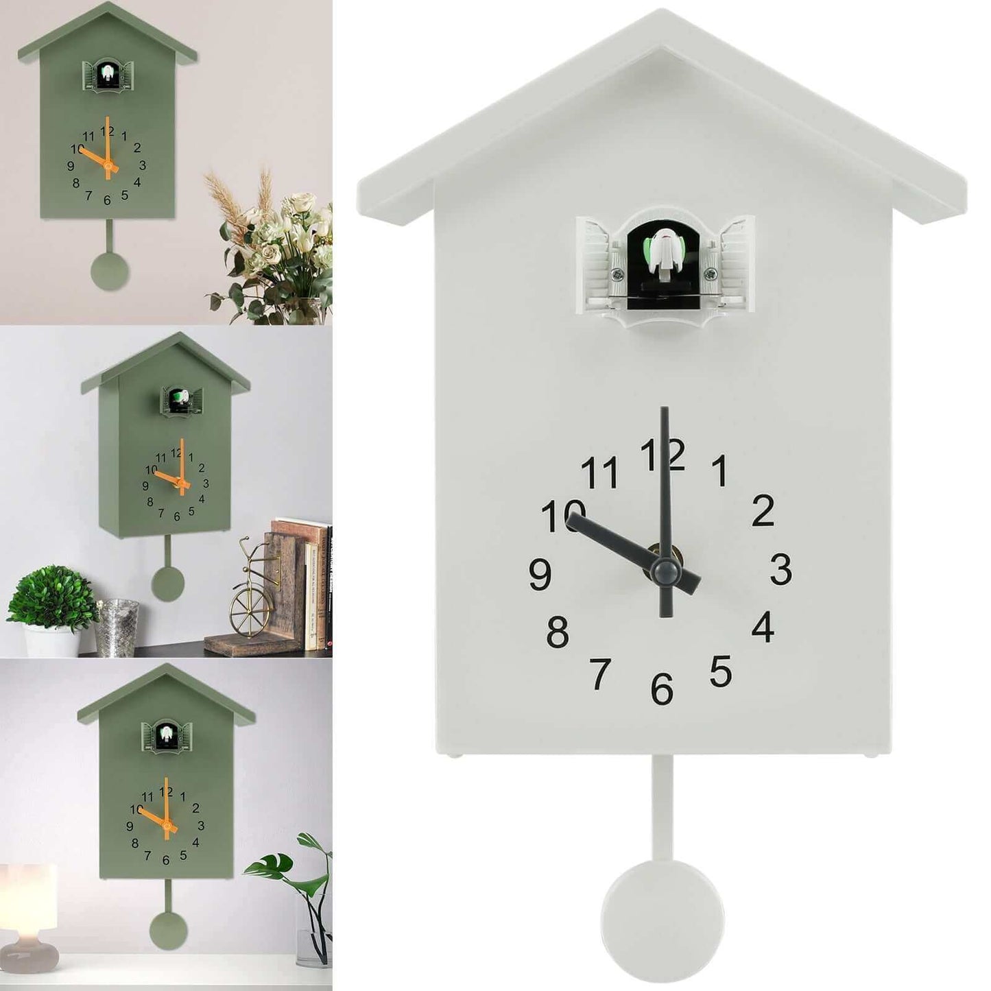 Contemporary Cuckoo Quartz Wall Clock in White, Blue, or Green