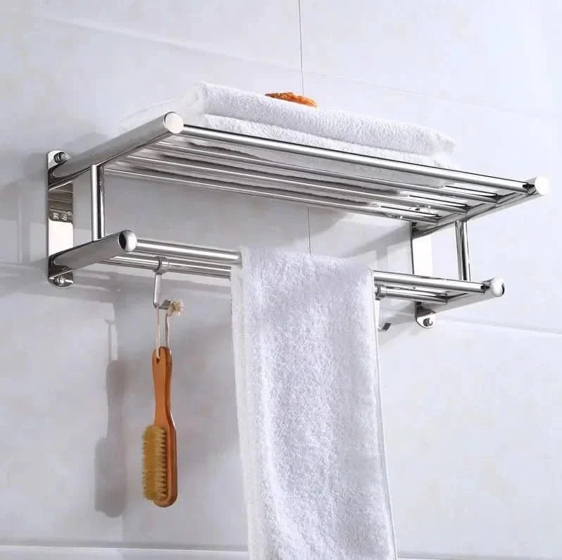 Stainless Steel Wall-Mounted Towel Rack with Shelf and Hanging Bar