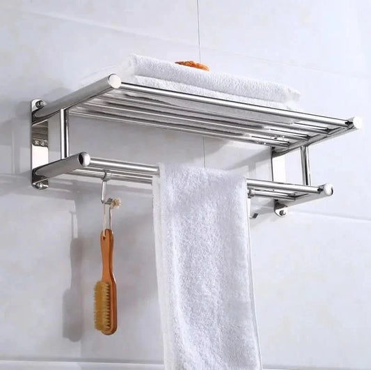 Stainless Steel Wall-Mounted Towel Rack with Shelf and Hanging Bar