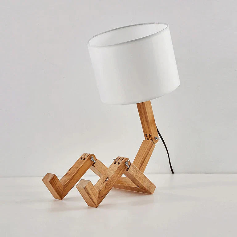 Wooden Robot Table Lamp with LED Light and Fabric Shade