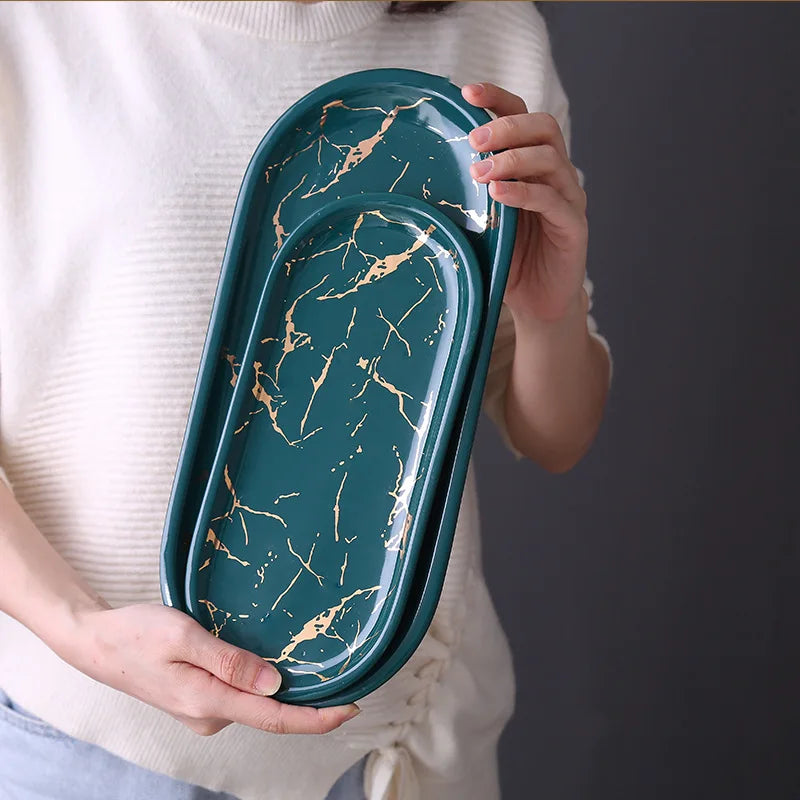 Ceramic Marble Oval Tray for Jewelry and Bathroom Storage