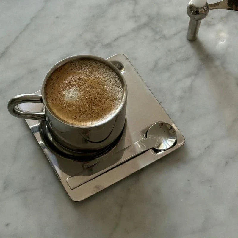 Stainless Steel Coffee Cup with Tray and Spoon