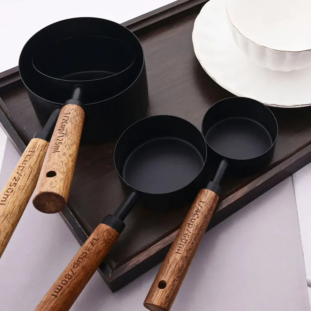 Stainless Steel Measuring Cups and Spoons Set with Wooden Handles