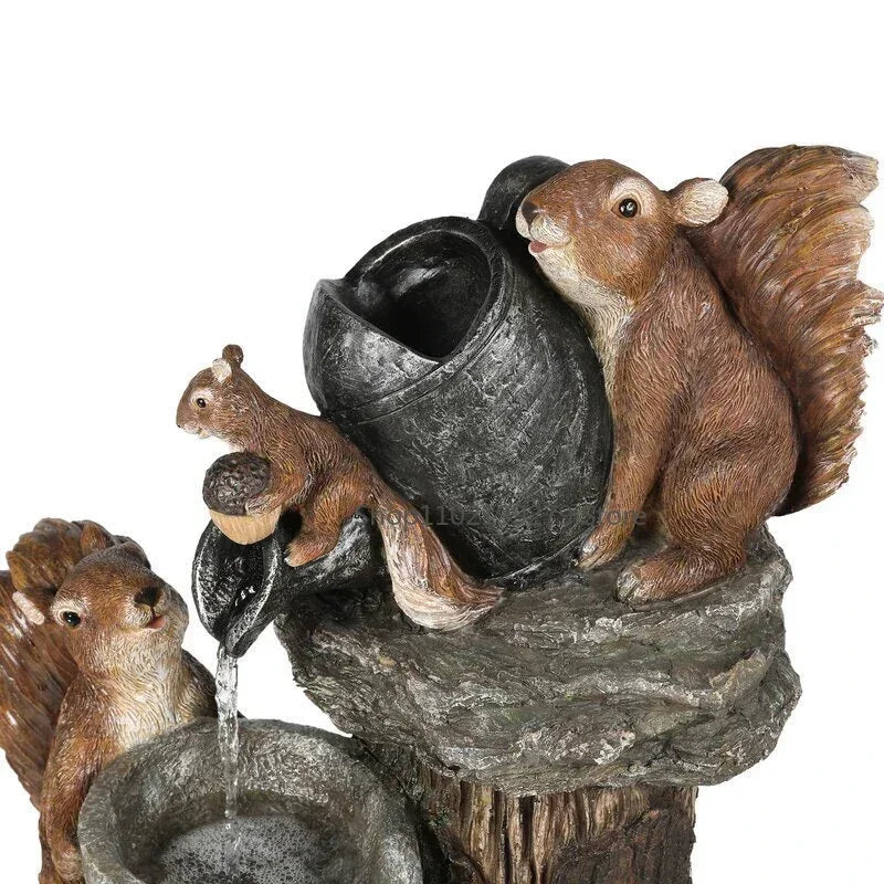 Solar Duck and Squirrel Fountain with LED Light - Weatherproof Resin Garden Decor