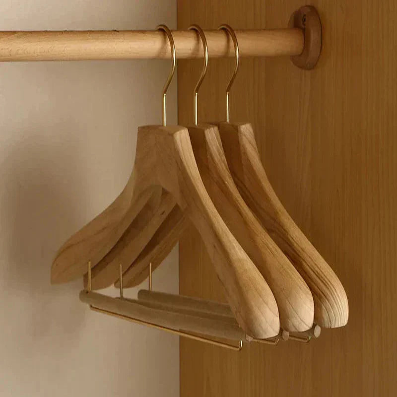 Wide Shoulder Camphor Wood Hangers with Flocked Rod, Set of 2