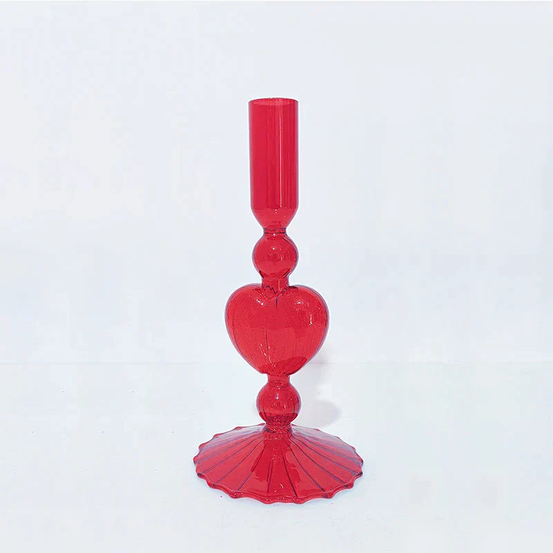 Red Heart-Shaped Vintage Glass Candle Holder