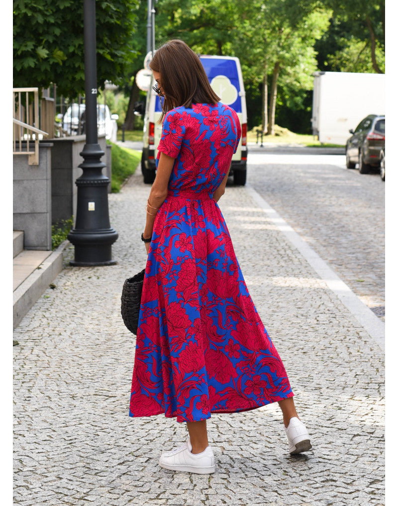 Light Floral Summer Midi Dress with Belt and Slit