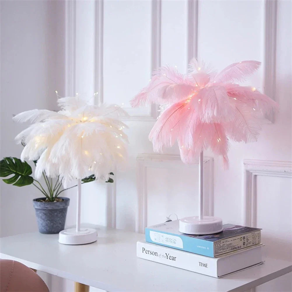 LED Feather Table Lamp with Remote Control - USB Powered Night Light
