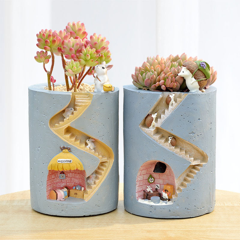 Artistic Resin Flower Pots with Rabbit and Hedgehog Designs