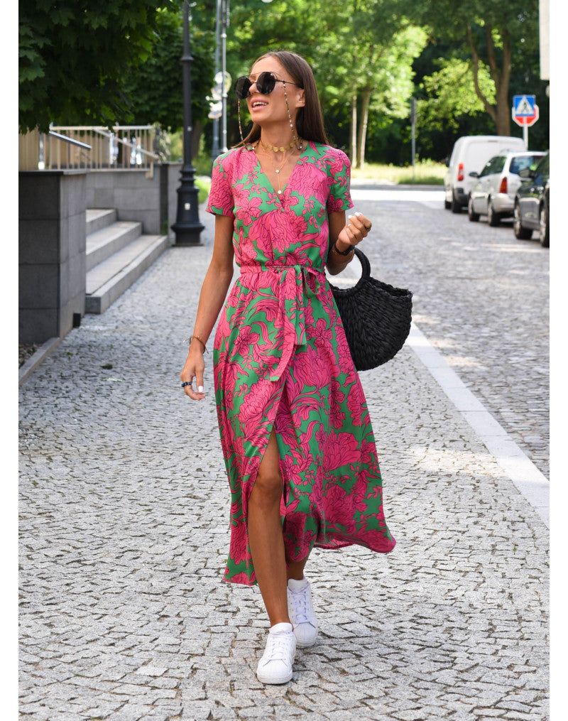 Light Floral Summer Midi Dress with Belt and Slit