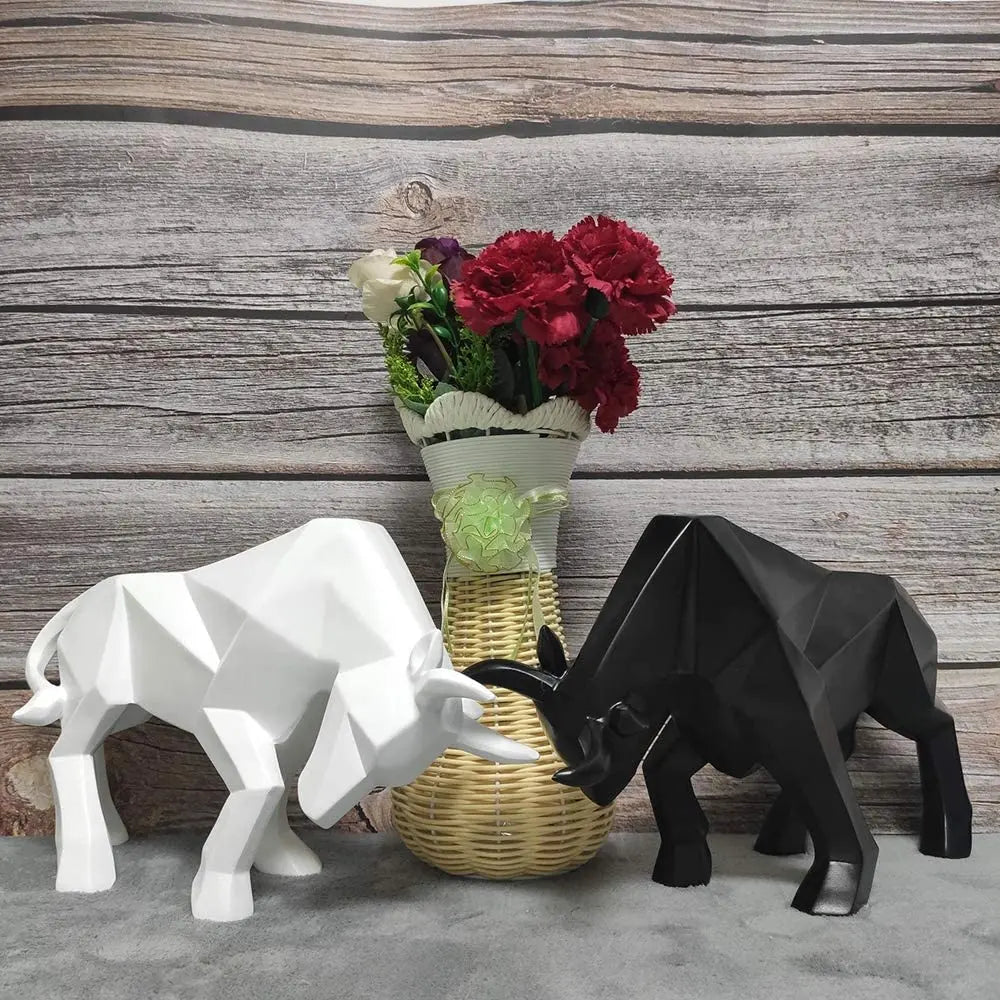Modern Geometric Bull Figurine in Black and White Resin
