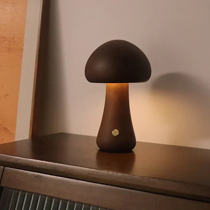 Mushroom-Shaped Wooden Touch-Control LED Lamp
