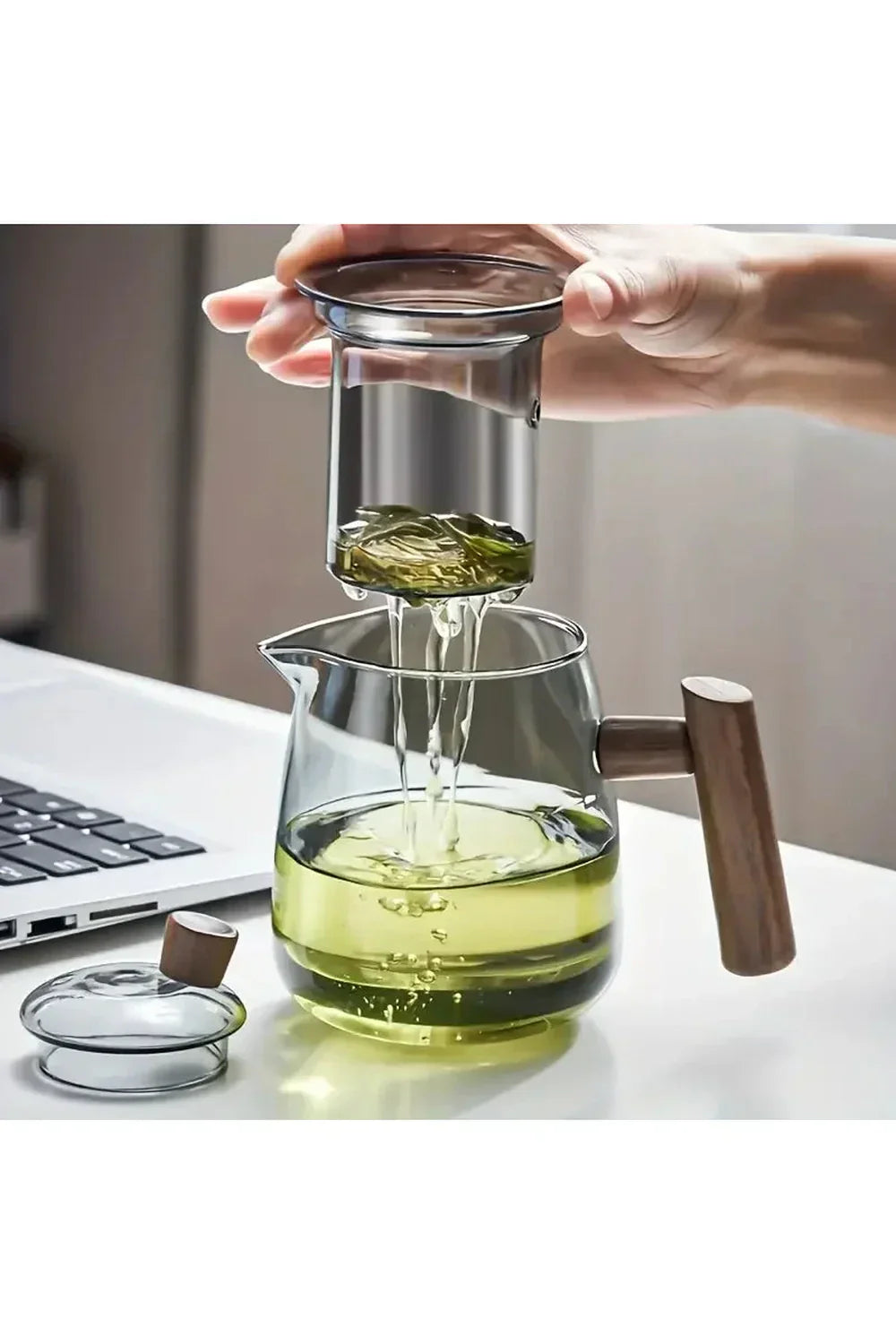 Wooden Handle Glass Teapot with Rounded Body and Front Spout