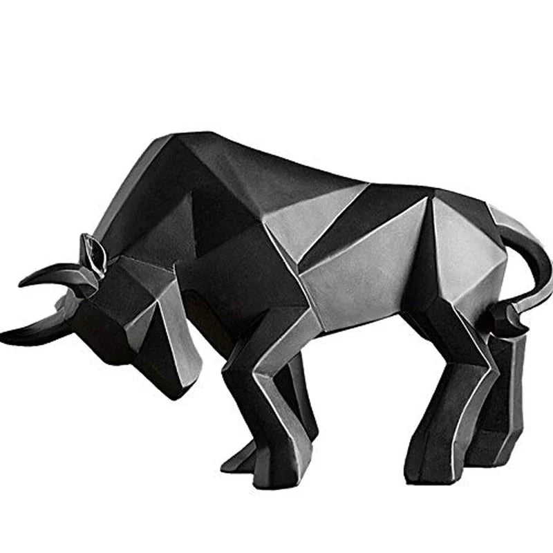 Modern Geometric Bull Figurine in Black and White Resin