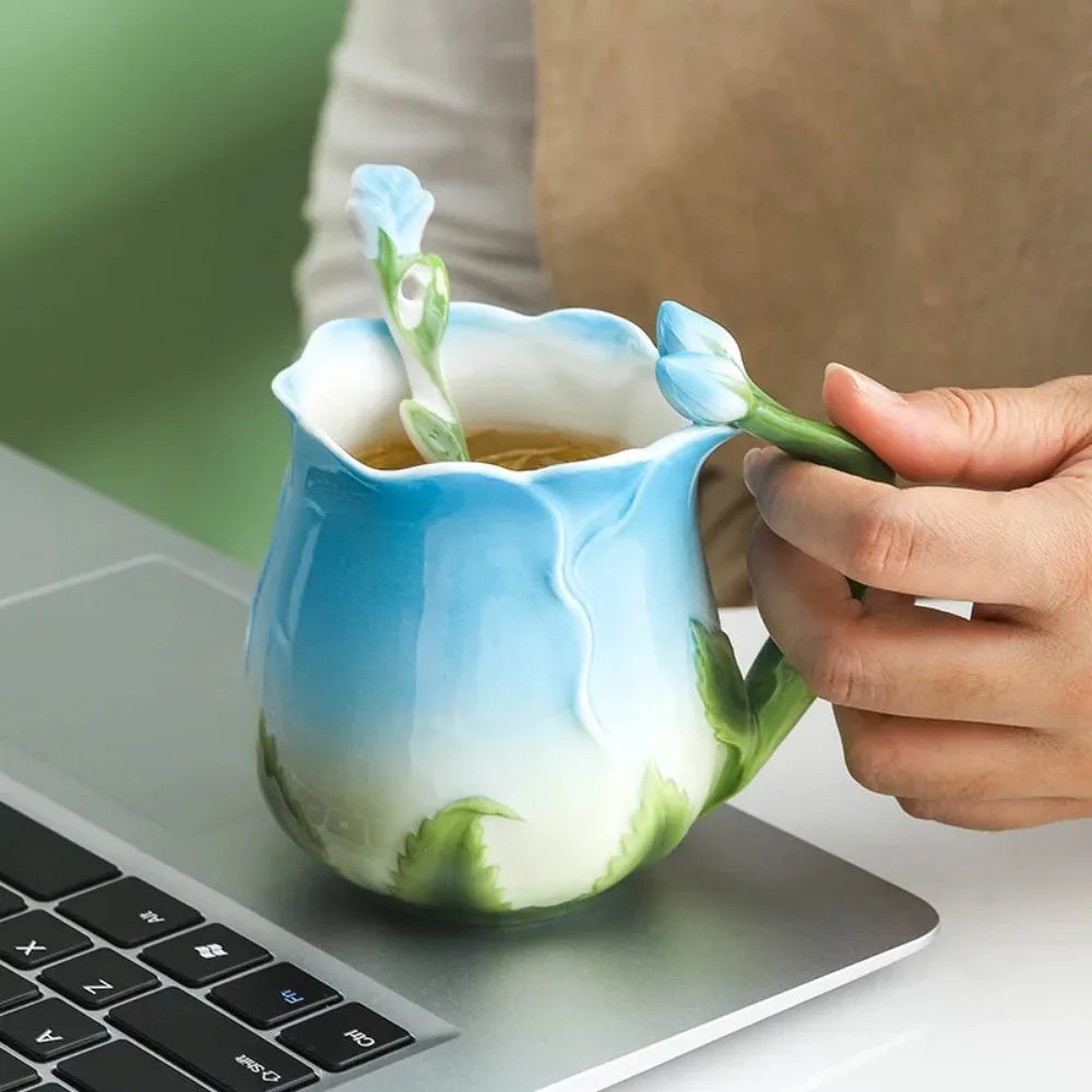 Ceramic 3D Rose Flower Coffee Mug with Spoon