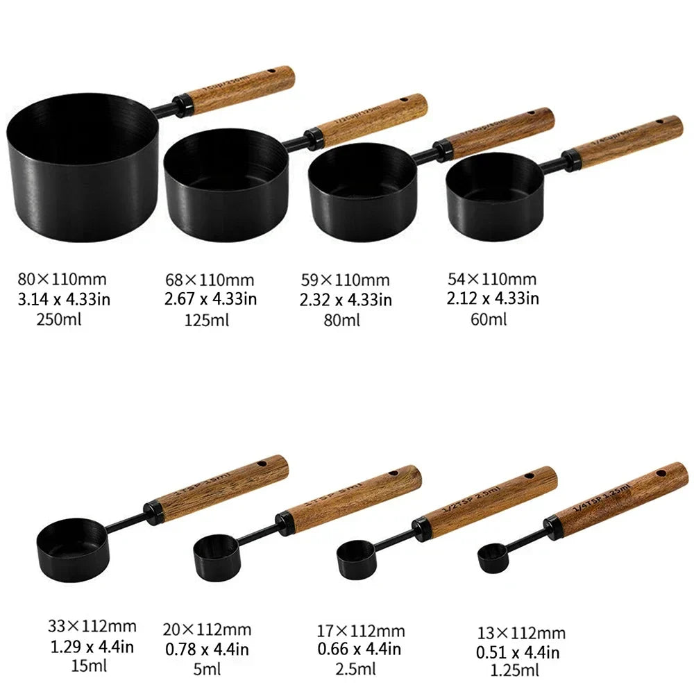 Stainless Steel Measuring Cups and Spoons Set with Wooden Handles