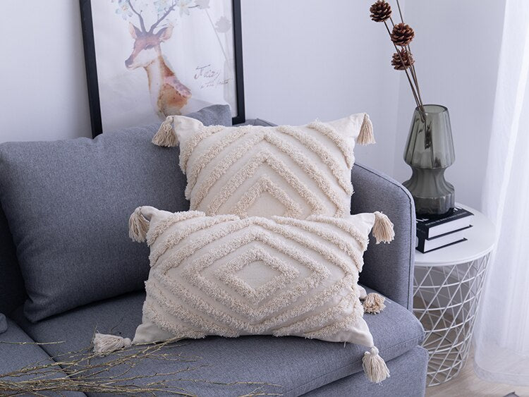 Boho Pillow Covers with Tassels and Zigzag Pattern