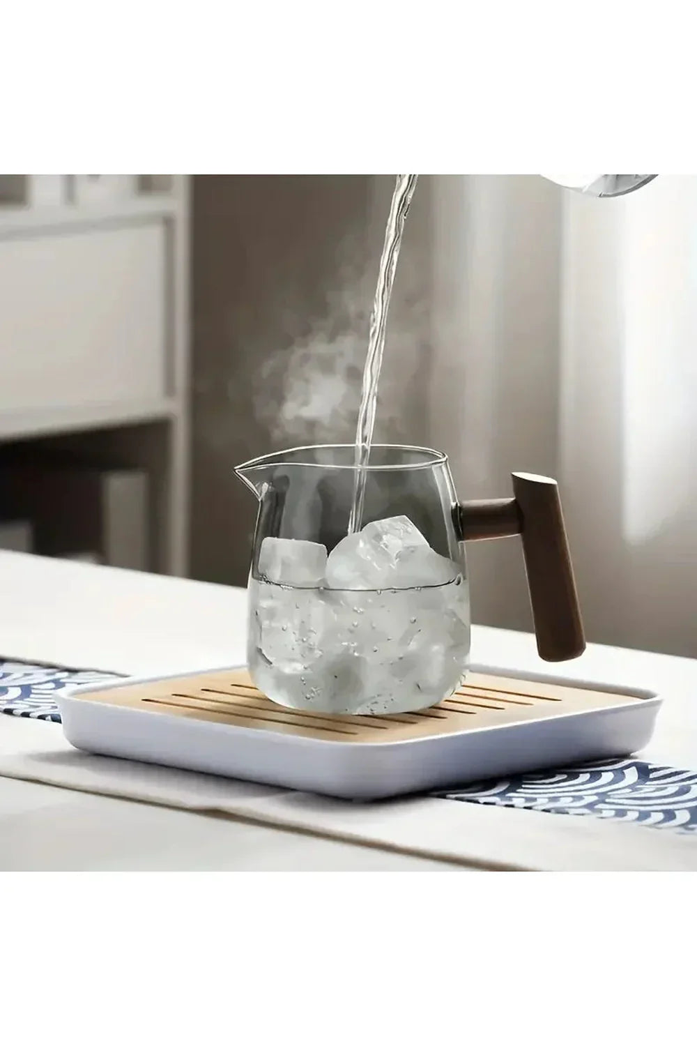 Wooden Handle Glass Teapot with Rounded Body and Front Spout