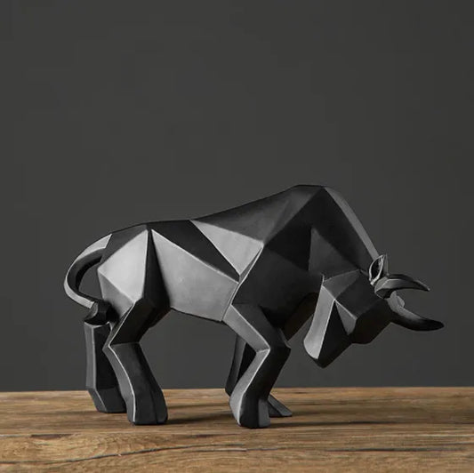 Modern Geometric Bull Figurine in Black and White Resin