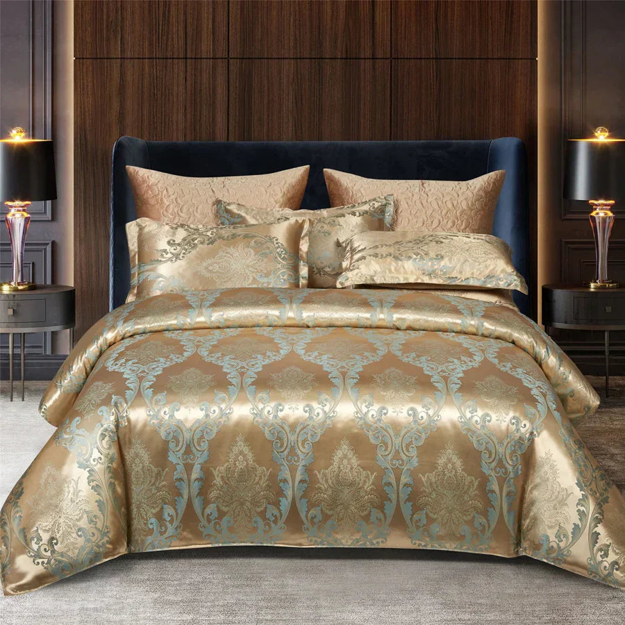 Satin Rayon Jacquard Duvet Cover Set in Gold and Blue