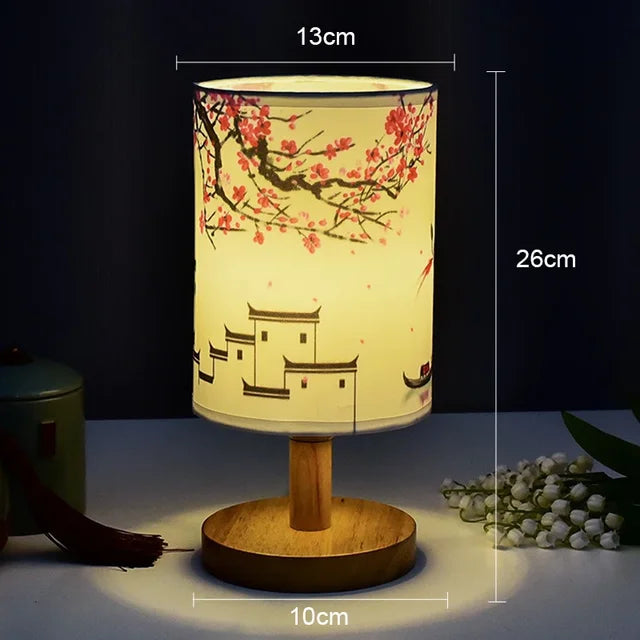 Dimmable LED Bedside Lamp with Plum Blossom Fabric Shade