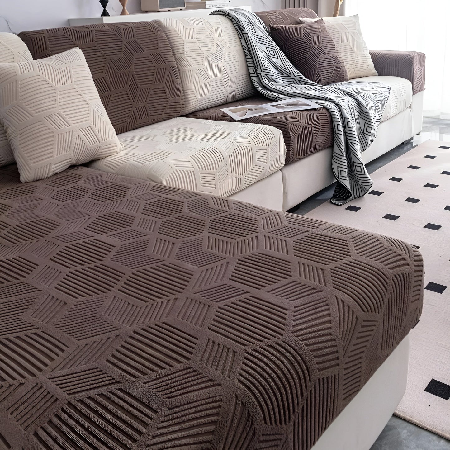 Geometric Jacquard Sofa Cover - Soft, Pet-Friendly, 360° Protection