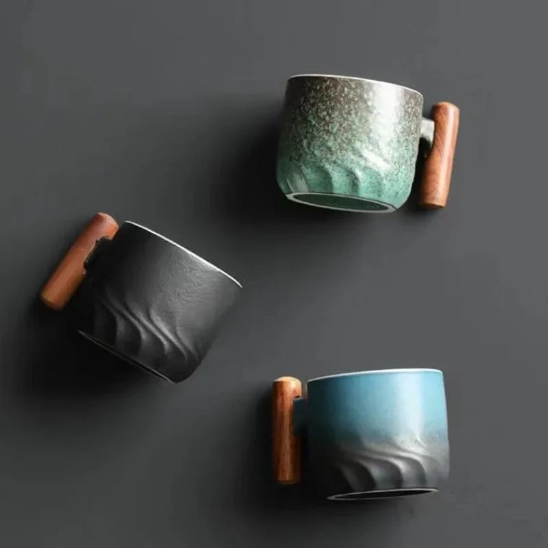 Ceramic Espresso Cup with Wooden Handle - 2.7 oz Artisan Mug